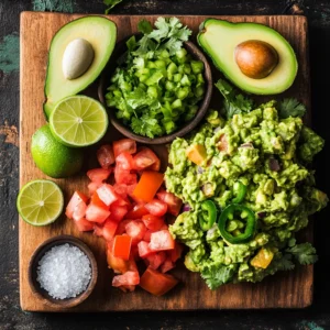 Fresh ingredients for guacamole, including halved avocados, lime halves, chopped cilantro, diced tomatoes, chopped onions, and sliced jalapeños, beautifully arranged on a rustic wooden board