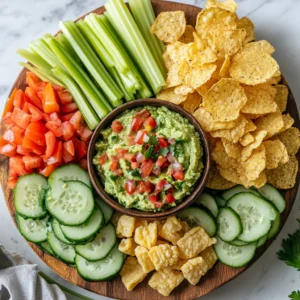 Platter of low-carb dipping options for guacamole, featuring sliced cucumbers, celery sticks, bell pepper strips, cheese crisps, and pork rinds, arranged around a bowl of creamy guacamole on a wooden board.