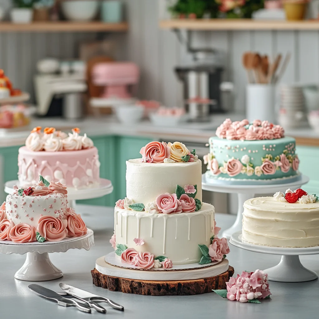 An assortment of cakes including a butter cake, sponge cake, and a custom birthday cake with intricate designs, set against a backdrop of a cozy kitchen and elegant party decorations, illustrating the joy and versatility of cakes.