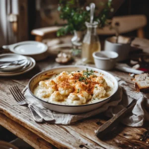 A close-up of cauliflower gratin with golden breadcrumbs and creamy cheese sauce, served on a rustic table, showcasing its French culinary origins.