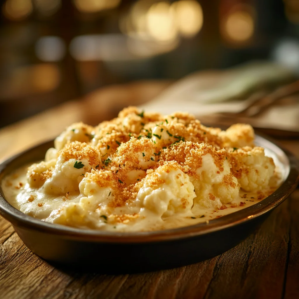 A close-up of cauliflower gratin with golden breadcrumbs and creamy cheese sauce, served on a rustic table, showcasing its French culinary origins.