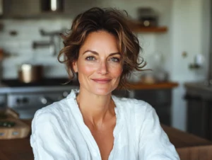 white beautiful woman in her 40s, with beautiful, neatly-styled hair. She is smiling warmly in a professional, modern kitchen with stainless steel appliances and wooden countertops in the background