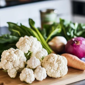 Cauliflower and turnips on a countertop with a chart illustrating health benefits of reducing carbs for better metabolic health.