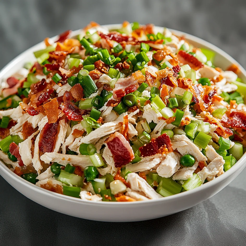 Colorful Sassy Scotty salad featuring shredded chicken, crumbled bacon, diced celery, chopped green onions, and creamy dressing, served in a white bowl.