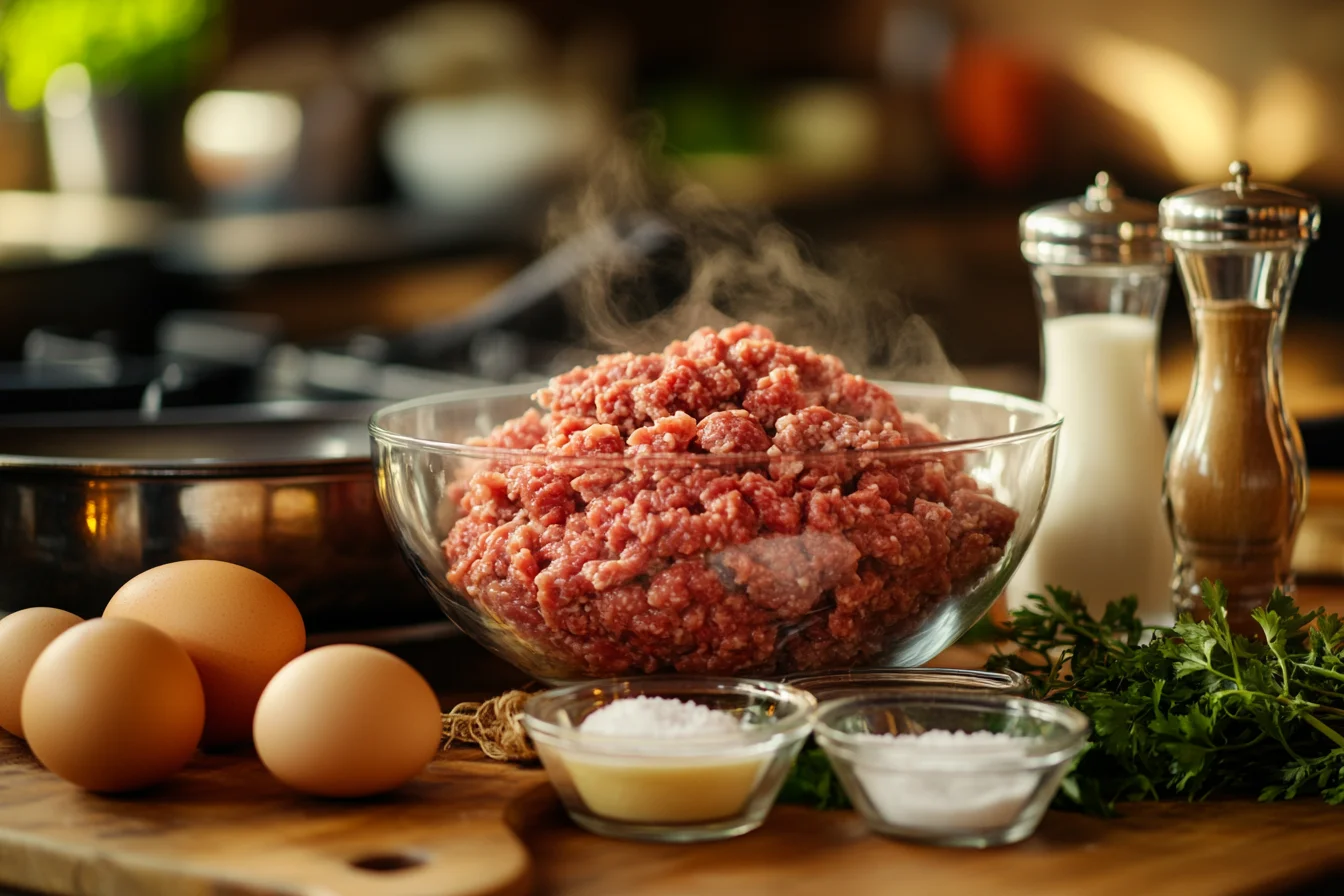 Fresh ground beef in a glass mixing bowl on a rustic wooden countertop, surrounded by milk, broth, butter, eggs, and breadcrumbs for extra juiciness