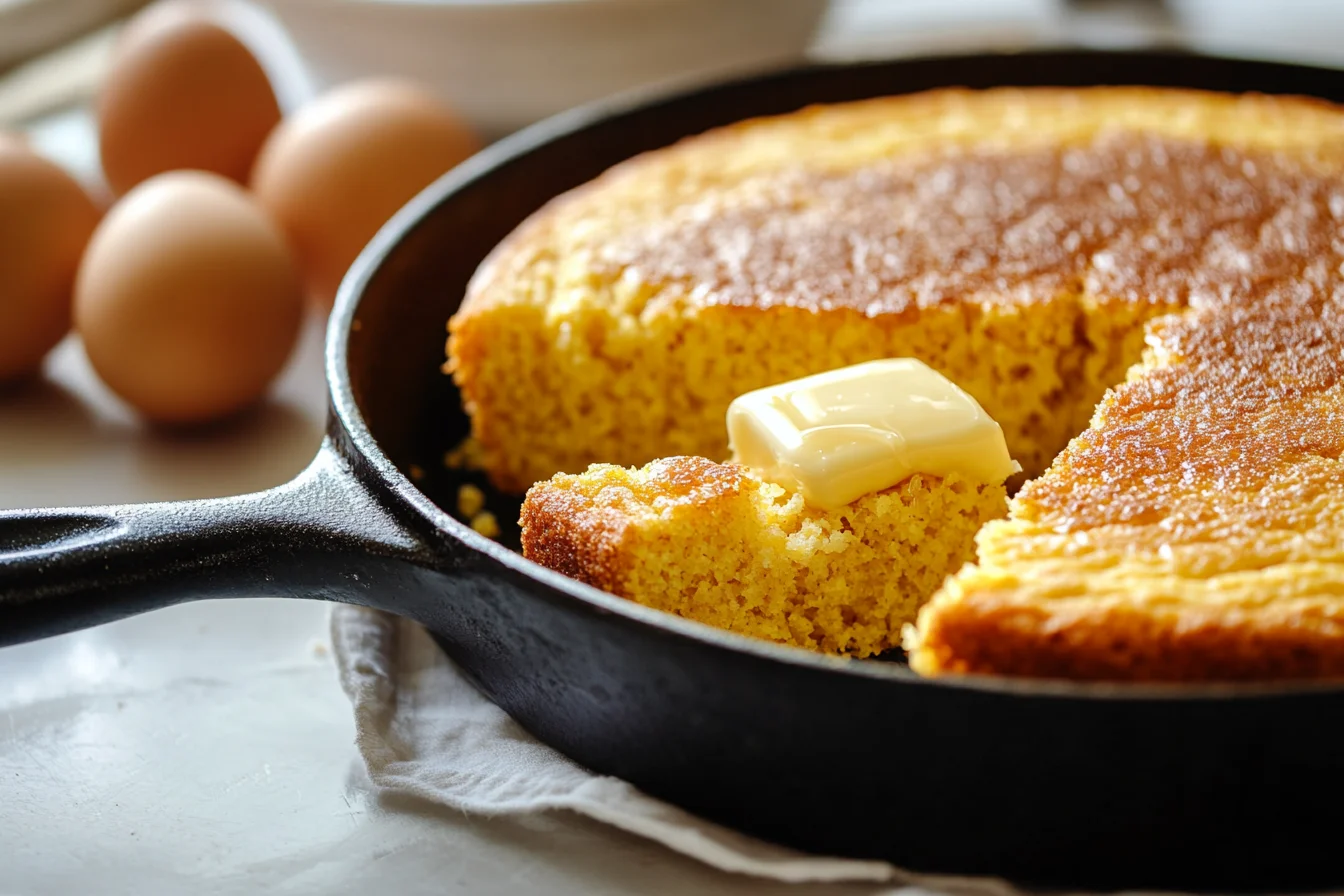 A side-by-side display of traditional and Southern cornbread, showcasing texture differences, with rustic ingredients like cornmeal and buttermilk in the background.